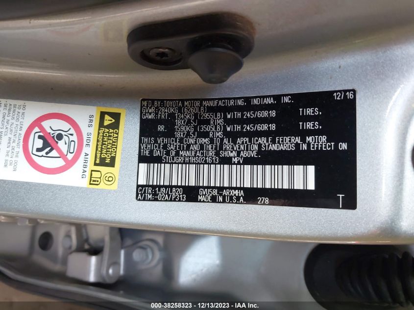 2017 TOYOTA HIGHLANDER HYBRID XLE - 5TDJGRFH1HS021613