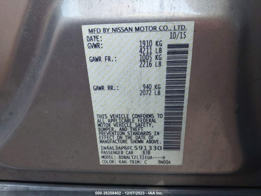 2015 NISSAN ALTIMA 2.5/S/SV/SL - 1N4AL3AP6FC591330