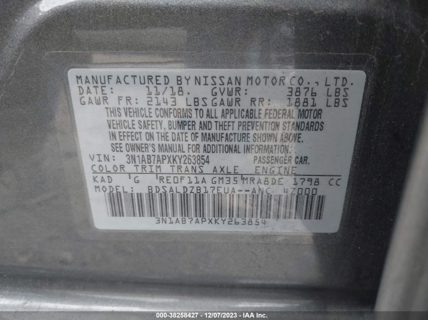 2019 NISSAN SENTRA S/SV/SR/SL - 3N1AB7APXKY263854
