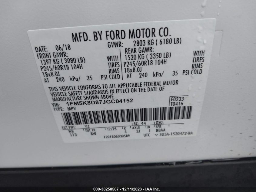 2018 FORD EXPLORER XLT - 1FM5K8D87JGC04152