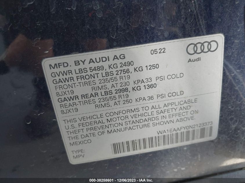 WA1EAAFY0N2123373 2022 AUDI Q5, photo no. 9