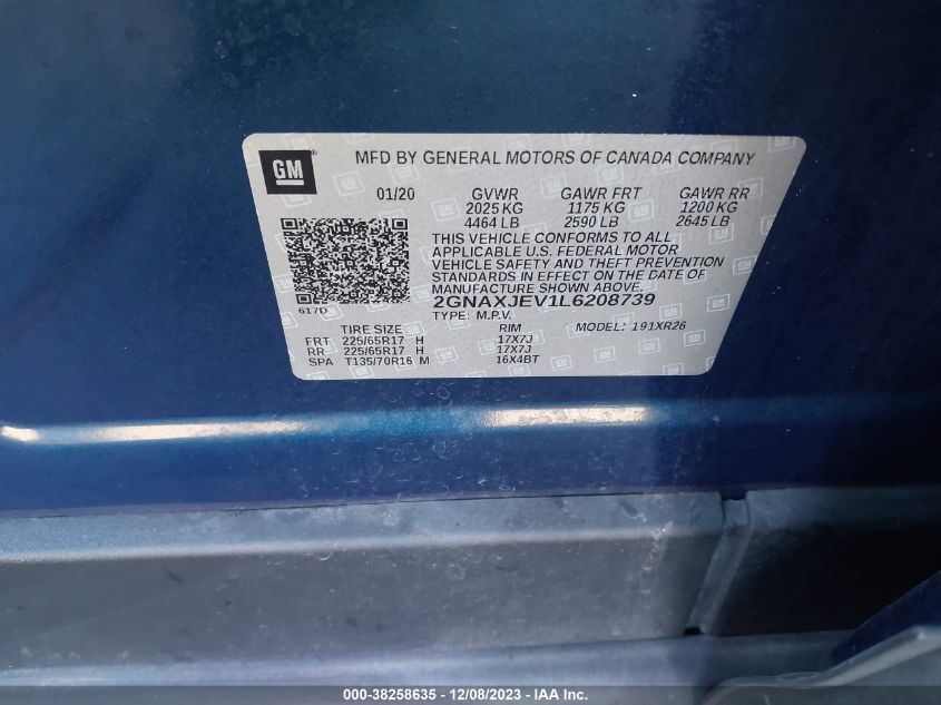 2020 CHEVROLET EQUINOX LT - 2GNAXJEV1L6208739