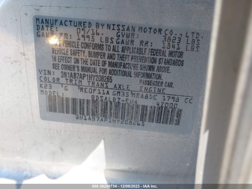 2017 NISSAN SENTRA S/SV/SR/SL - 3N1AB7AP1HY208265