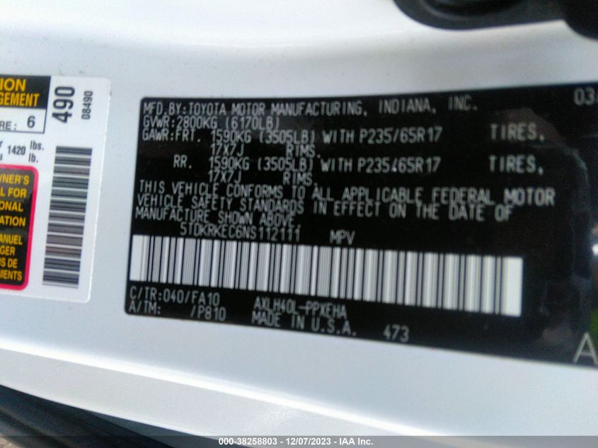 5TDKRKEC6NS112111 2022 TOYOTA SIENNA, photo no. 9