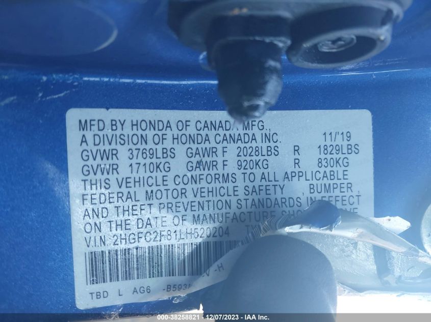 2020 HONDA CIVIC SPORT - 2HGFC2F81LH520204