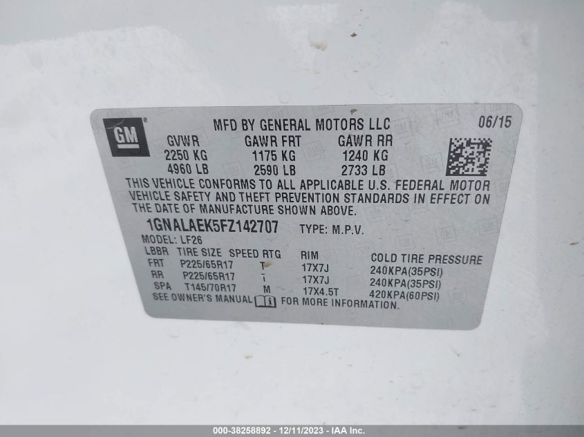 2015 CHEVROLET EQUINOX LS - 1GNALAEK5FZ142707