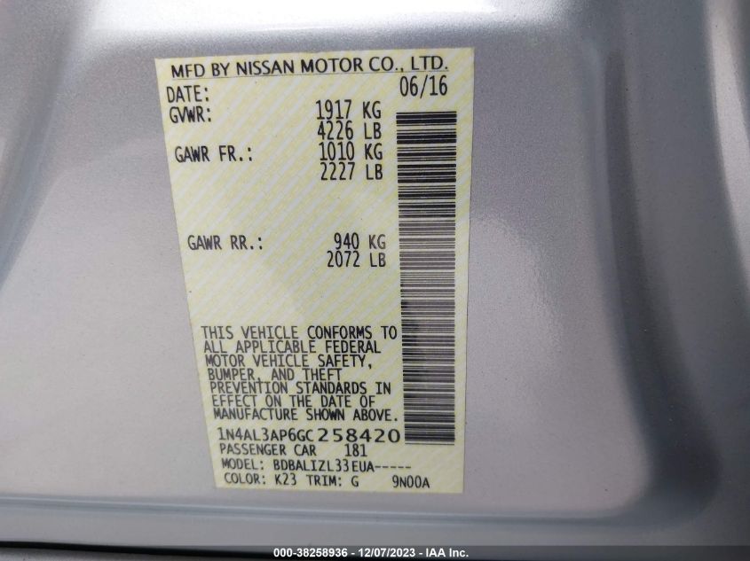 2016 NISSAN ALTIMA 2.5/S/SV/SL/SR - 1N4AL3AP6GC258420