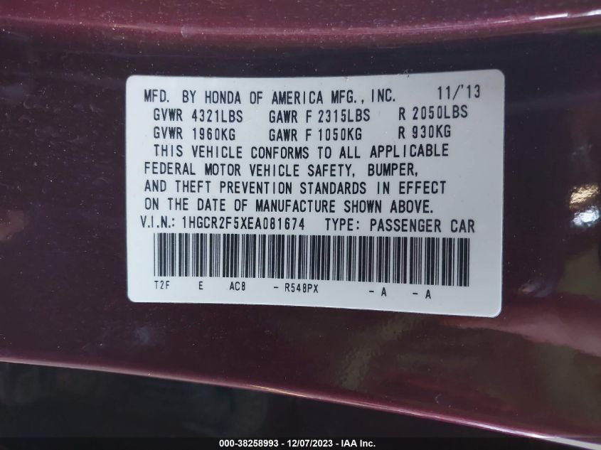 2014 HONDA ACCORD SPORT - 1HGCR2F5XEA081674