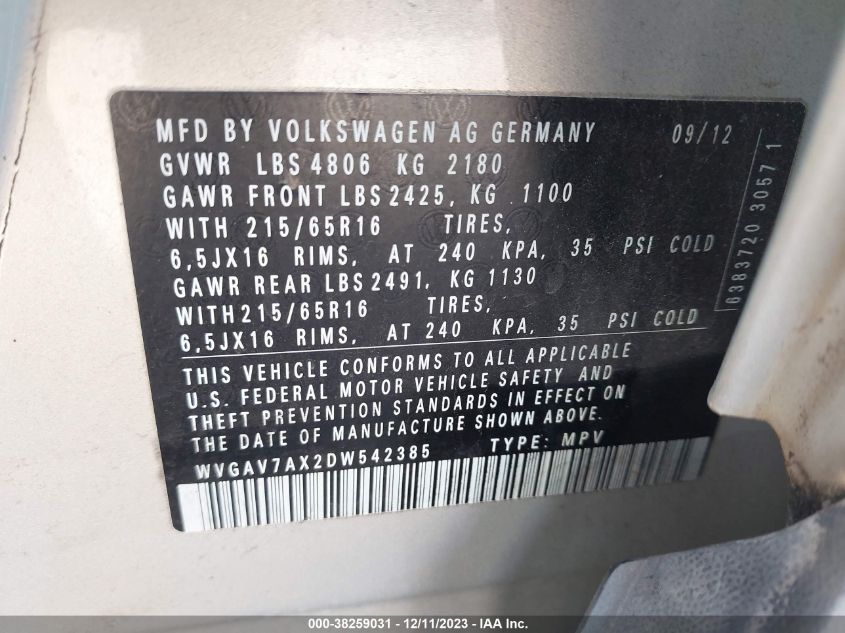 2013 VOLKSWAGEN TIGUAN S - WVGAV7AX2DW542385