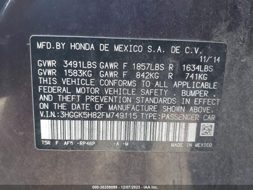 2015 HONDA FIT EX/EXL - 3HGGK5H82FM749115