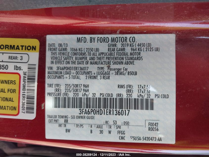 2014 FORD FUSION SE - 3FA6P0HD1ER136017