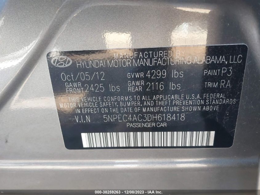 5NPEC4AC3DH618418 | 2013 HYUNDAI SONATA