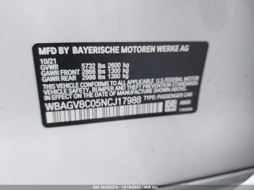 2022 BMW M850I GTAN COUPE XDRIVE WBAGV8C05NCJ17988