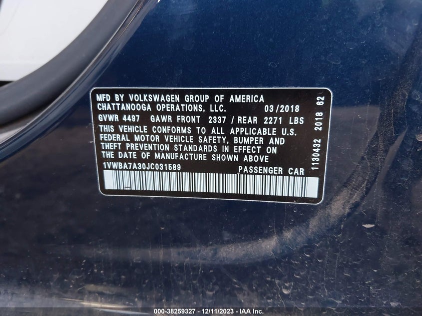 VIN 1VWBA7A30JC031589 2018 VOLKSWAGEN PASSAT 2.0T SE
