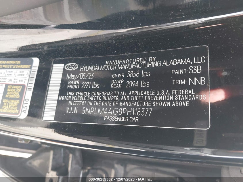 VIN 5NPLM4AG8PH118377 2023 HYUNDAI ELANTRA SEL