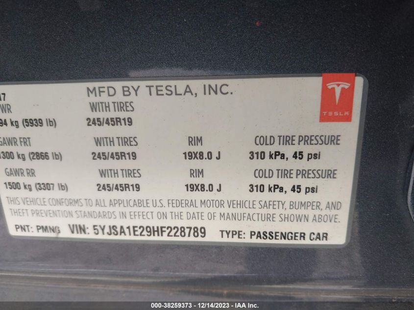 2017 TESLA MODEL S 100D/60D/75D/90D/P100D - 5YJSA1E29HF228789