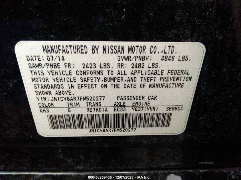 2015 INFINITI Q40 BASE (A7) (EOP FEBRUARY 2015) JN1CV6AR7FM520277