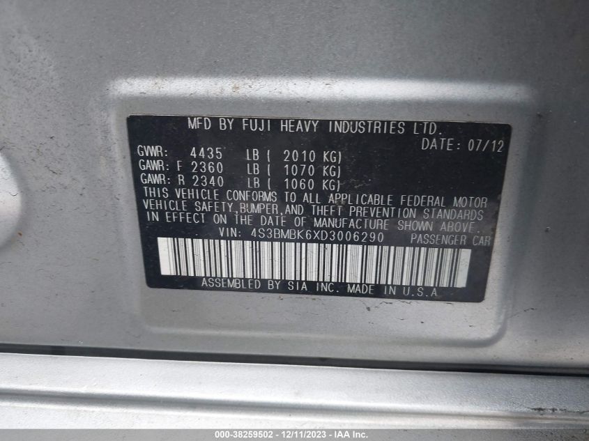 2013 SUBARU LEGACY 2.5I LIMITED - 4S3BMBK6XD3006290