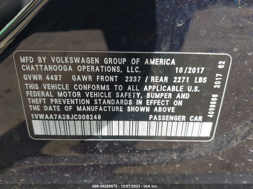 2018 VOLKSWAGEN PASSAT S/R-LINE - 1VWAA7A32JC008245