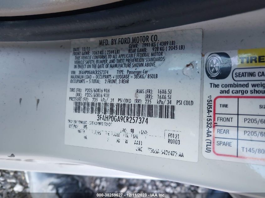 3FAHP0GA9CR257374 | 2012 FORD FUSION