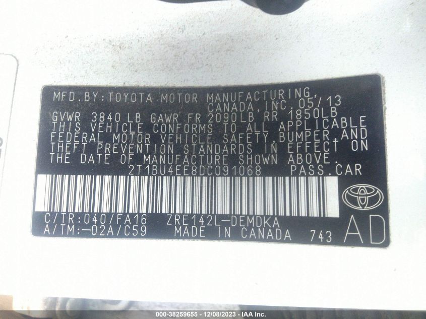 2013 TOYOTA COROLLA L - 2T1BU4EE8DC091068
