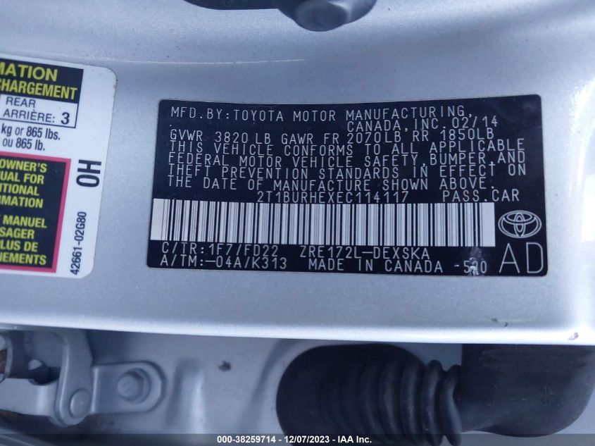 2014 TOYOTA COROLLA S PLUS - 2T1BURHEXEC114117