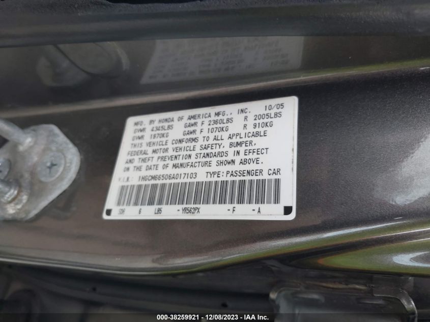 1HGCM66506A017103 | 2006 HONDA ACCORD