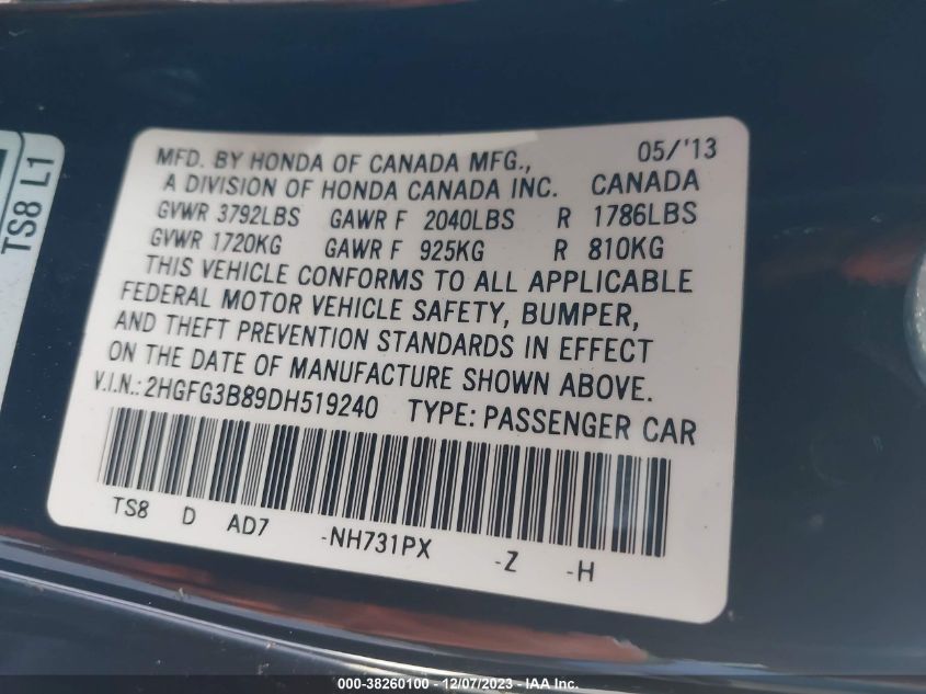2013 HONDA CIVIC CPE EX 2HGFG3B89DH519240