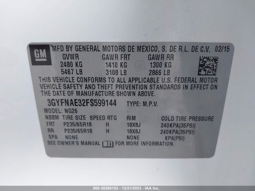 2015 CADILLAC SRX STANDARD - 3GYFNAE32FS599144