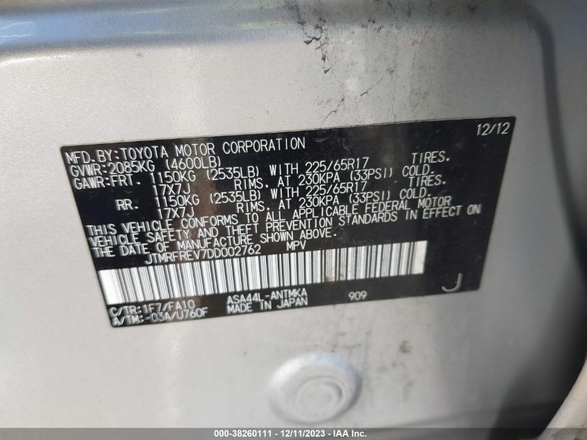2013 TOYOTA RAV4 XLE - JTMRFREV7DD002762