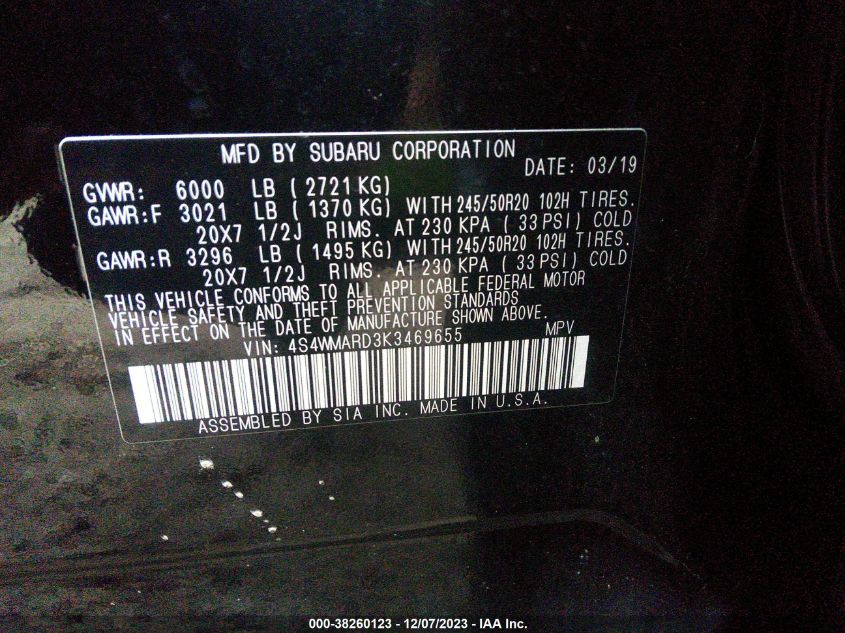 2019 SUBARU ASCENT TOURING - 4S4WMARD3K3469655