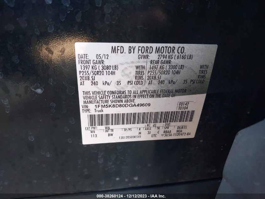 2013 FORD EXPLORER XLT - 1FM5K8D80DGA49609