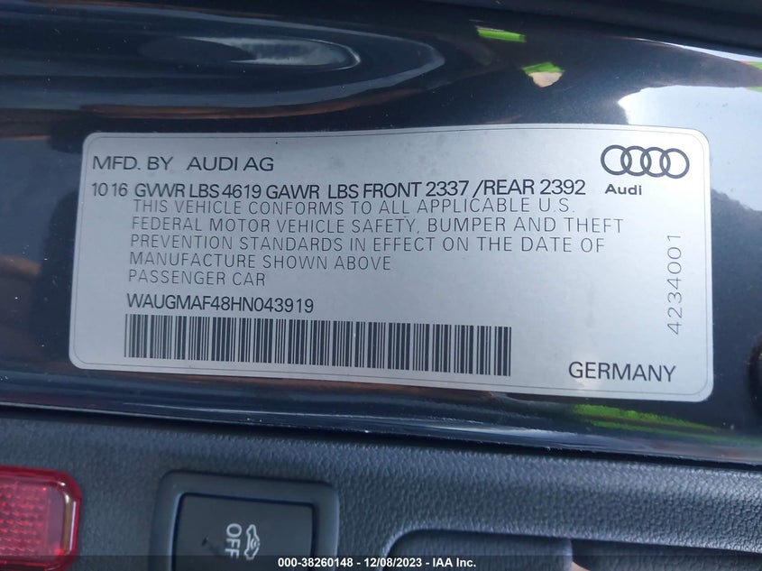 VIN WAUGMAF48HN043919 2017 AUDI A4 ULTRA PREMIUM