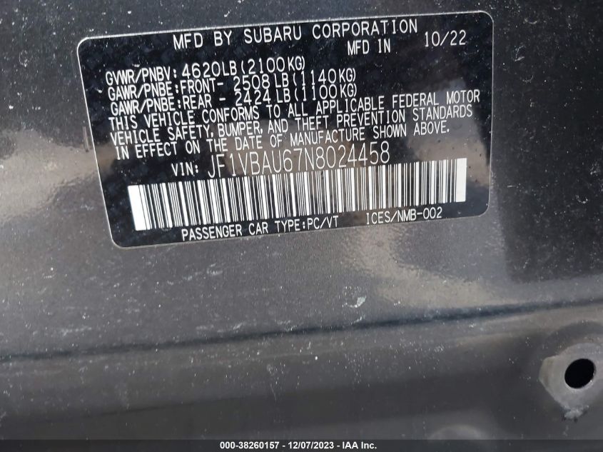 2022 SUBARU WRX GT - JF1VBAU67N8024458
