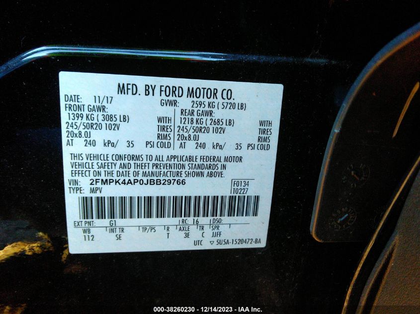 2FMPK4AP0JBB29766 2018 FORD EDGE, photo no. 9