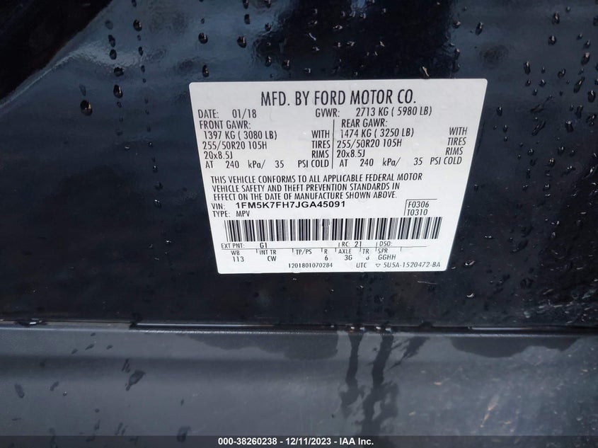 VIN 1FM5K7FH7JGA45091 2018 FORD EXPLORER LIMITED