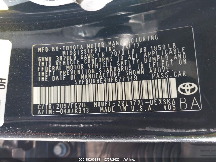 2017 TOYOTA COROLLA L/LE/XLE/SE/XSE - 5YFBURHE4HP677149