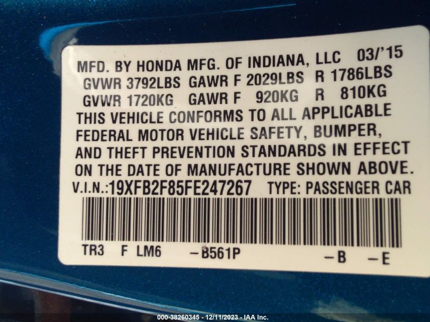2015 HONDA CIVIC EX - 19XFB2F85FE247267