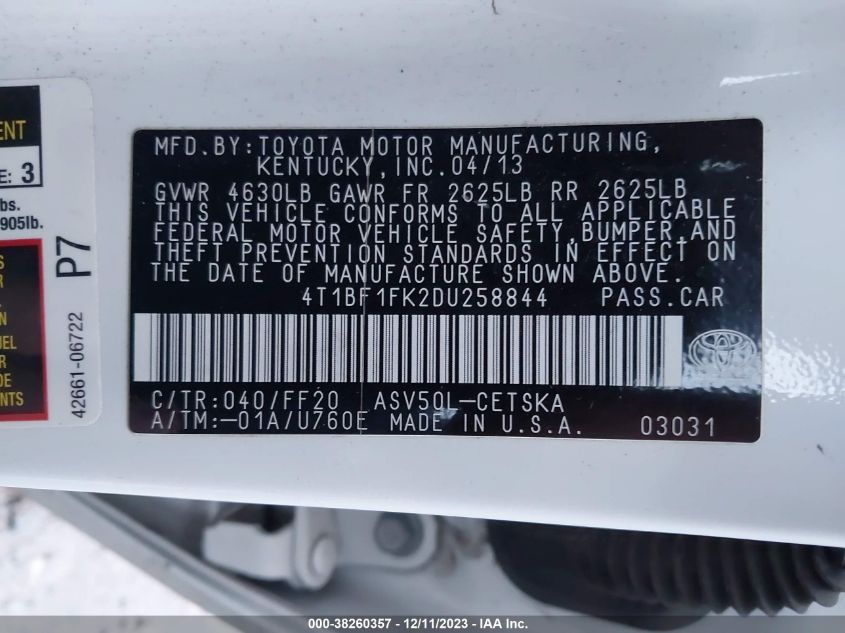 2013 TOYOTA CAMRY L/SE/LE/XLE - 4T1BF1FK2DU258844