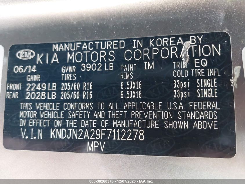 2015 KIA SOUL BASE - KNDJN2A29F7112278