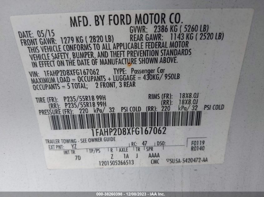 2015 FORD TAURUS SE - 1FAHP2D8XFG167062