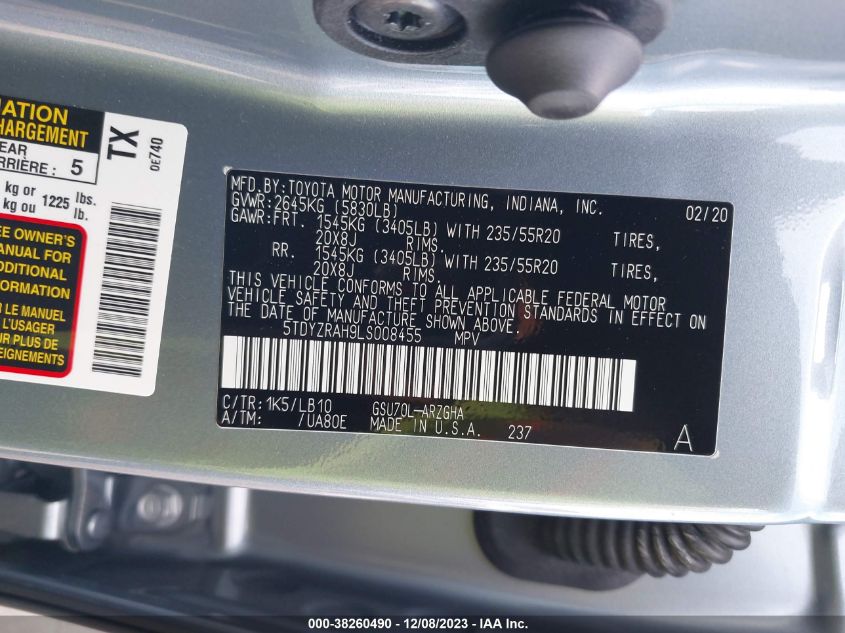 2020 TOYOTA HIGHLANDER LIMITED/PLATINUM - 5TDYZRAH9LS008455