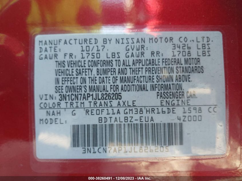 2018 NISSAN VERSA S/S PLUS/SV/SL - 3N1CN7AP1JL826205