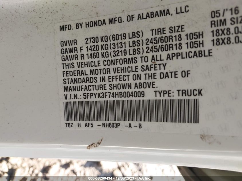 2017 HONDA RIDGELINE RTL - 5FPYK3F74HB004009