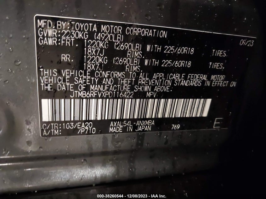 VIN JTMB6RFVXPD116422 2023 TOYOTA RAV4 XLE PREMIUM