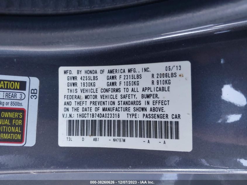 2013 HONDA ACCORD EX - 1HGCT1B74DA023318
