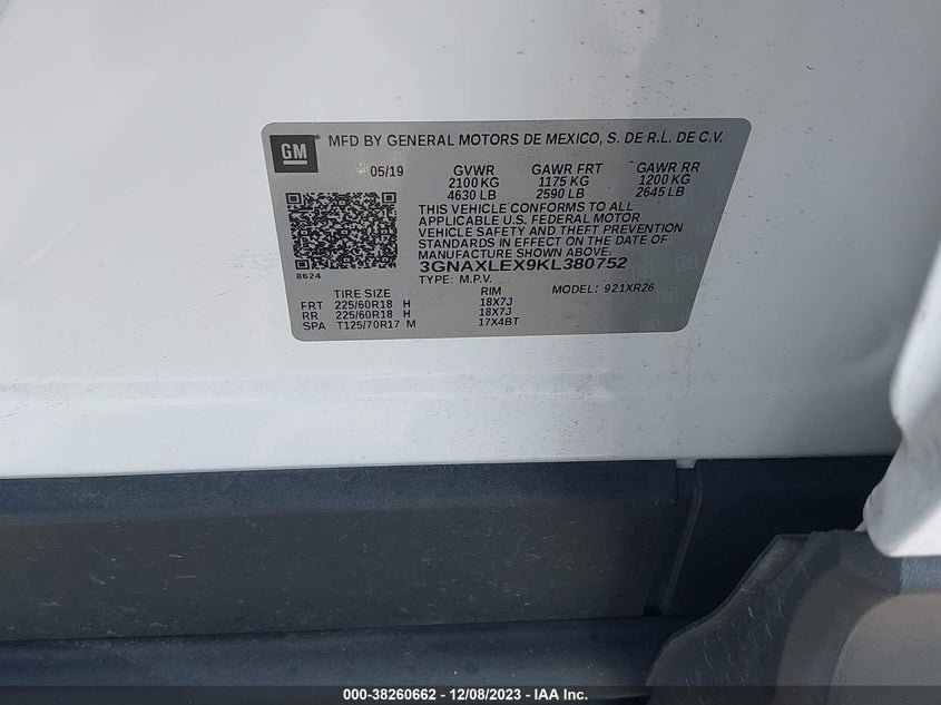 VIN 3GNAXLEX9KL380752 2019 CHEVROLET EQUINOX LT
