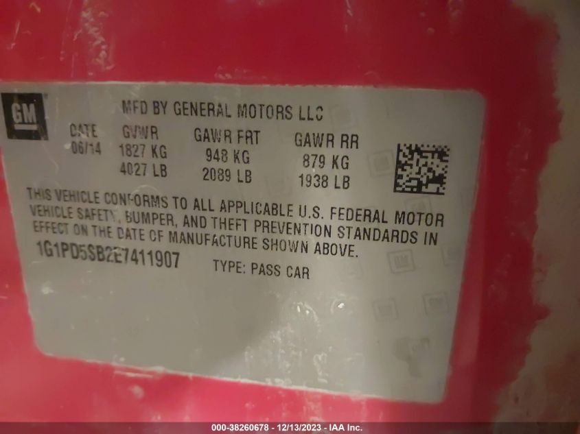 2014 CHEVROLET CRUZE 1LT MANUAL - 1G1PD5SB2E7411907