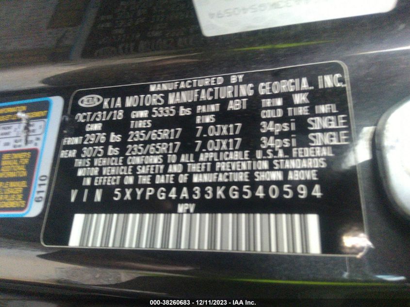 2019 KIA SORENTO 2.4L LX - 5XYPG4A33KG540594