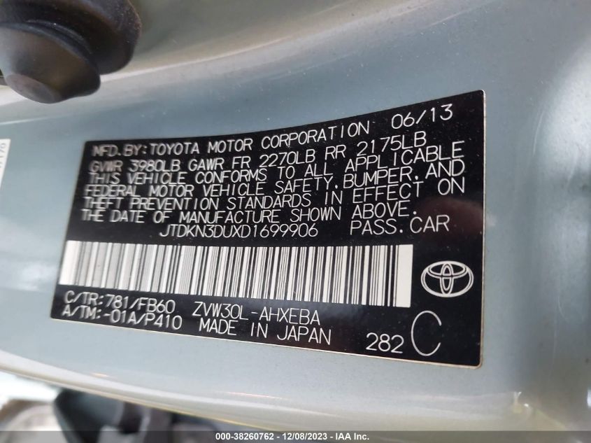 2013 TOYOTA PRIUS - JTDKN3DUXD1699906